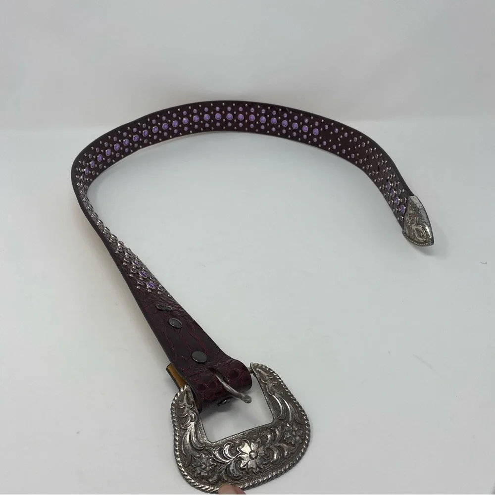 Ariat Sz S Burgundy Leather Purple Rhinestone Western Belt Silver Ornate buckle